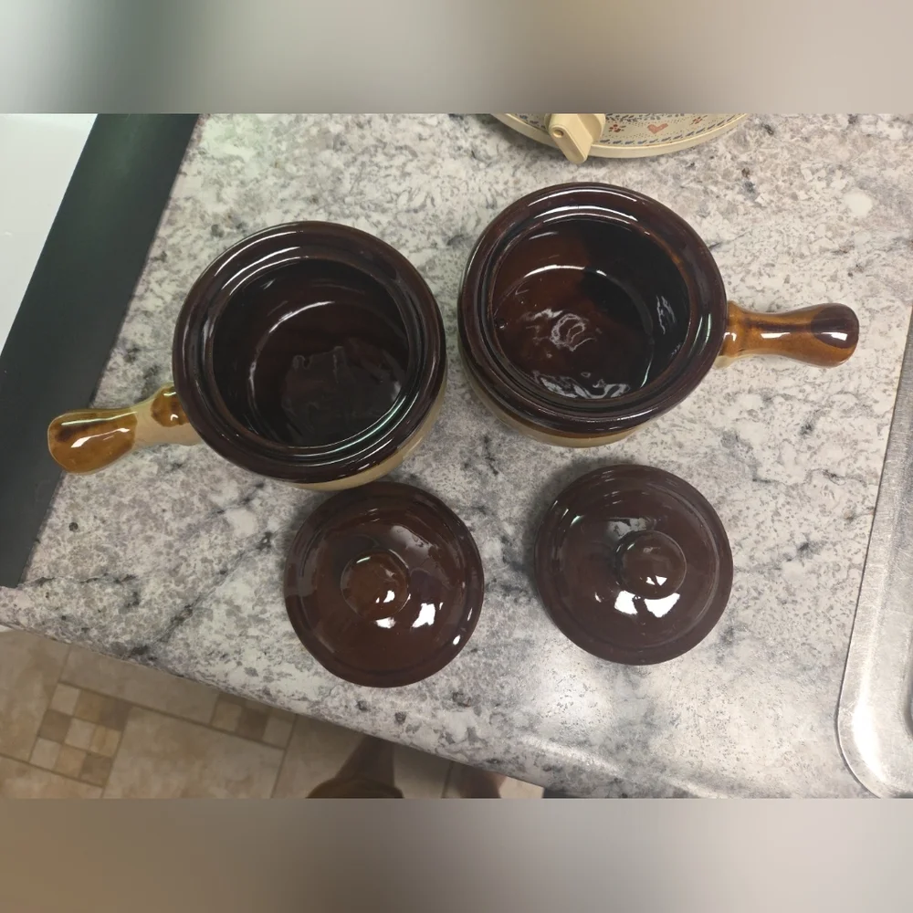 Two Stoneware Ceramic Soup Bowls With Handles And Lids - Vintage